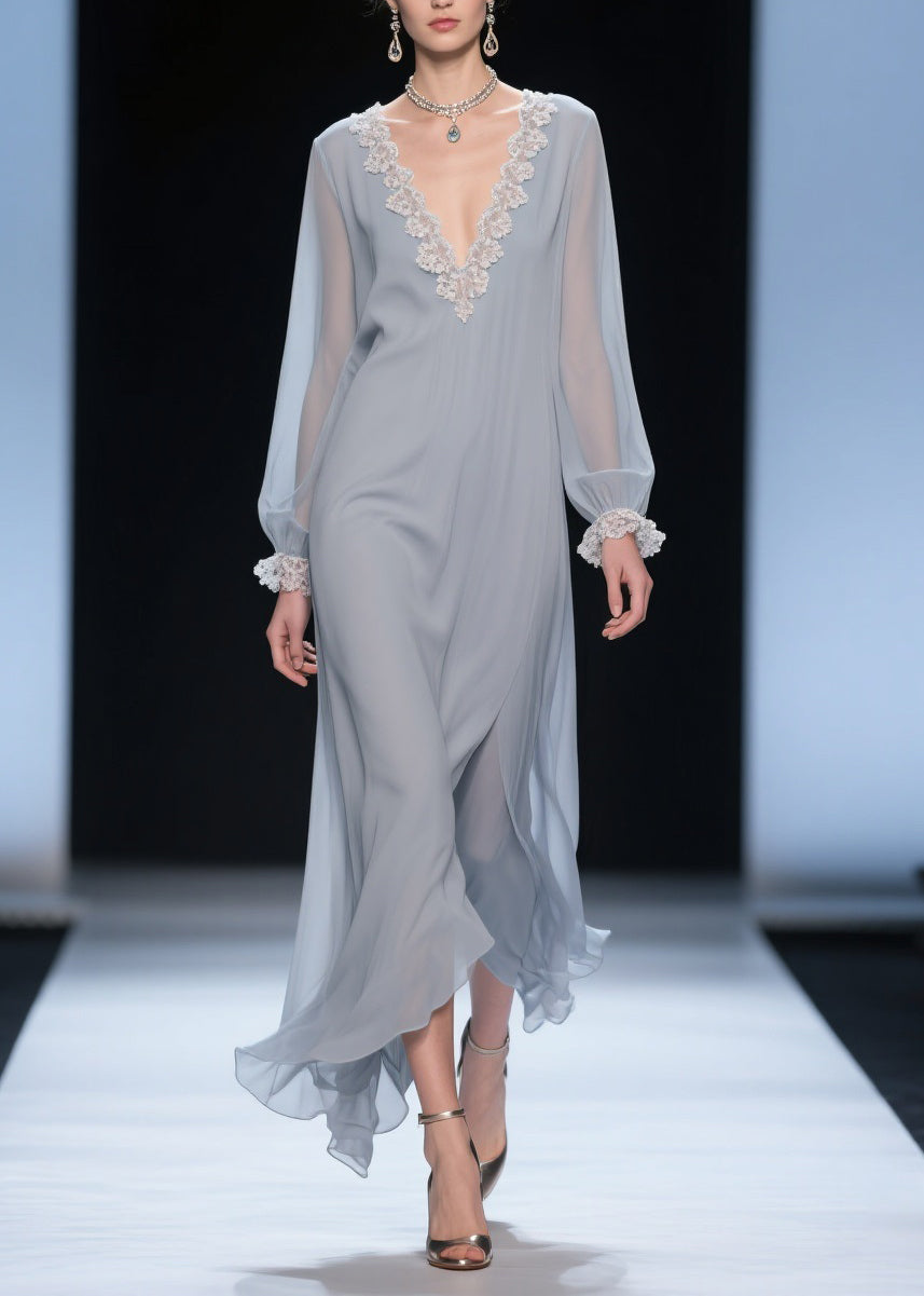 Grey Lace Solid Chiffon Long Dress V Neck Butterfly Sleeve