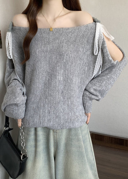 Grey Lace Up Cozy Patchwork Loose Knit Sweater Hollow Out