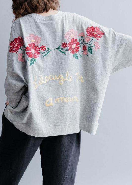 Grey Loose Batwing Sleeve Print Fall Sweatshirt Street Wear - SooLinen