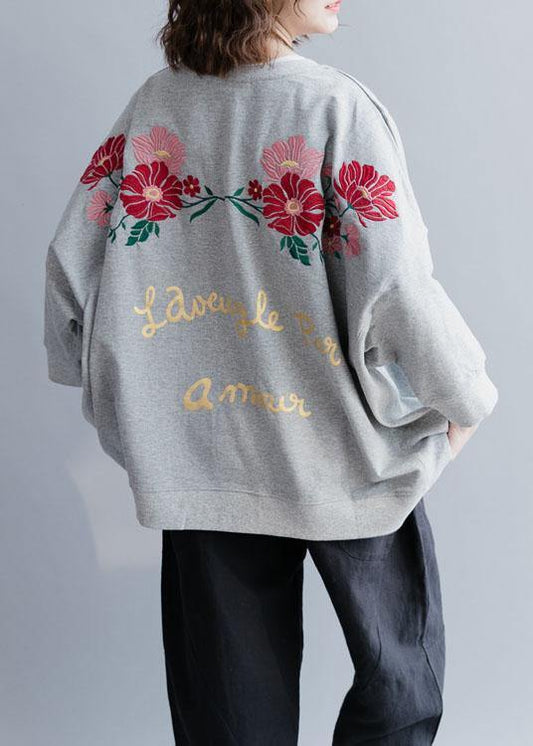 Grey Loose Batwing Sleeve Print Fall Sweatshirt Street Wear - SooLinen