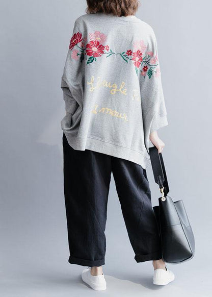 Grey Loose Batwing Sleeve Print Fall Sweatshirt Street Wear - SooLinen