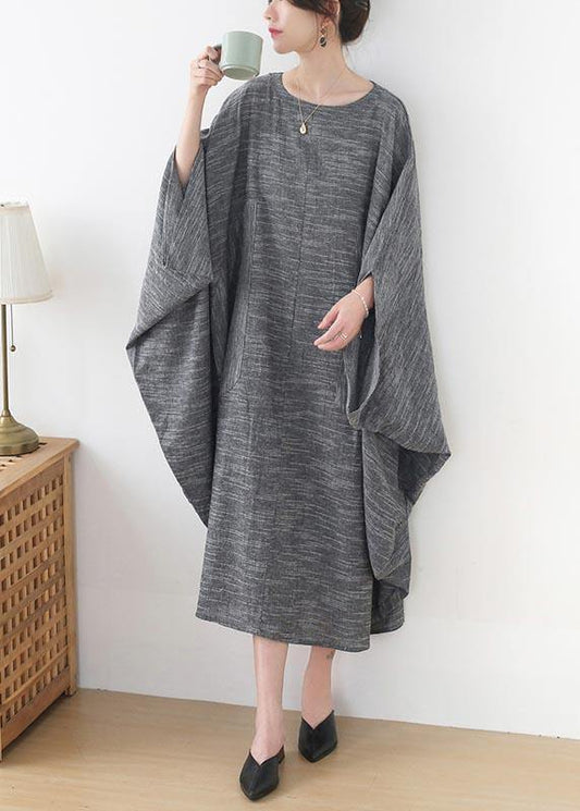 Grey O-Neck Bat Sleeve Large Spring Summer Cotton Dress - SooLinen
