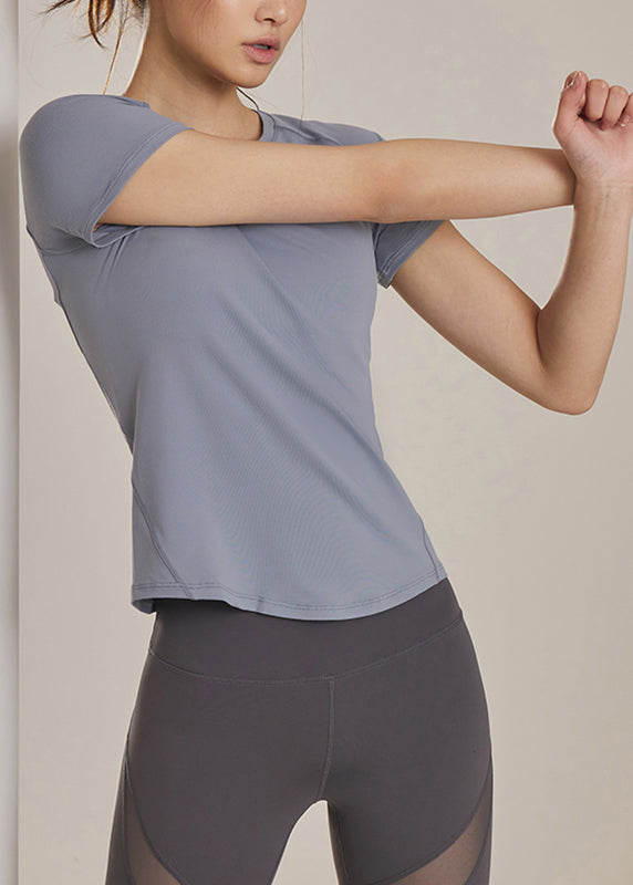Grey O-Neck Slim Solid Yoga Tops