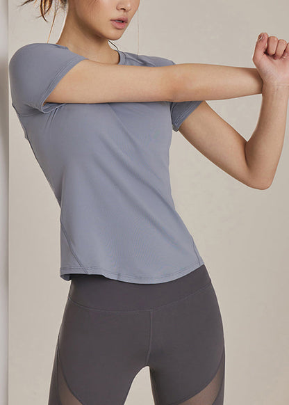 Grey O-Neck Slim Solid Yoga Tops