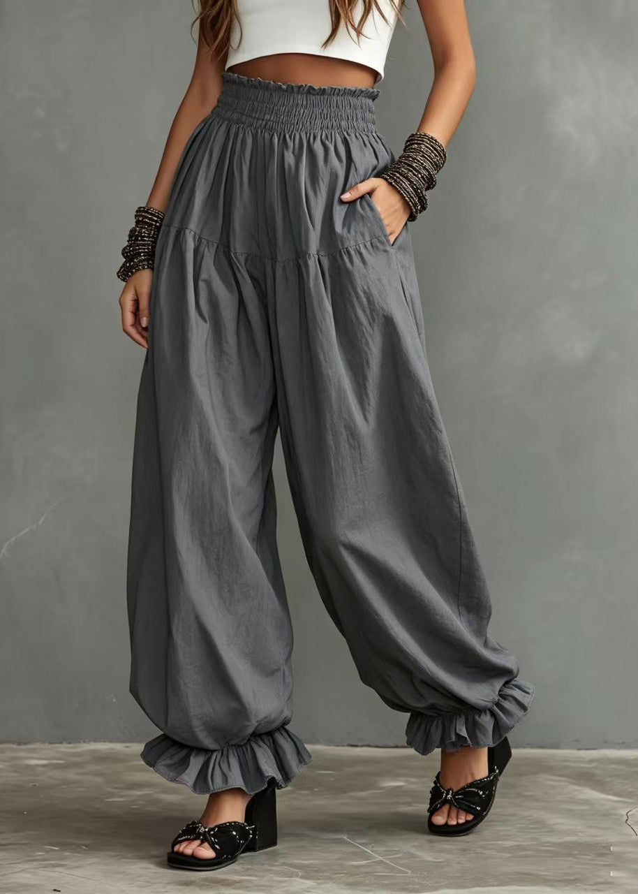 Grey Pants Ruffled Oversized High Waist Lantern Pants