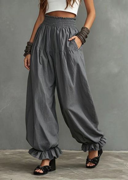 Grey Pants Ruffled Oversized High Waist Lantern Pants