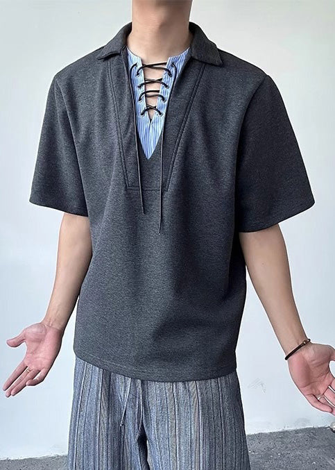 Grey Patchwork Cotton Fake Two Piece Shirt Tops Summer