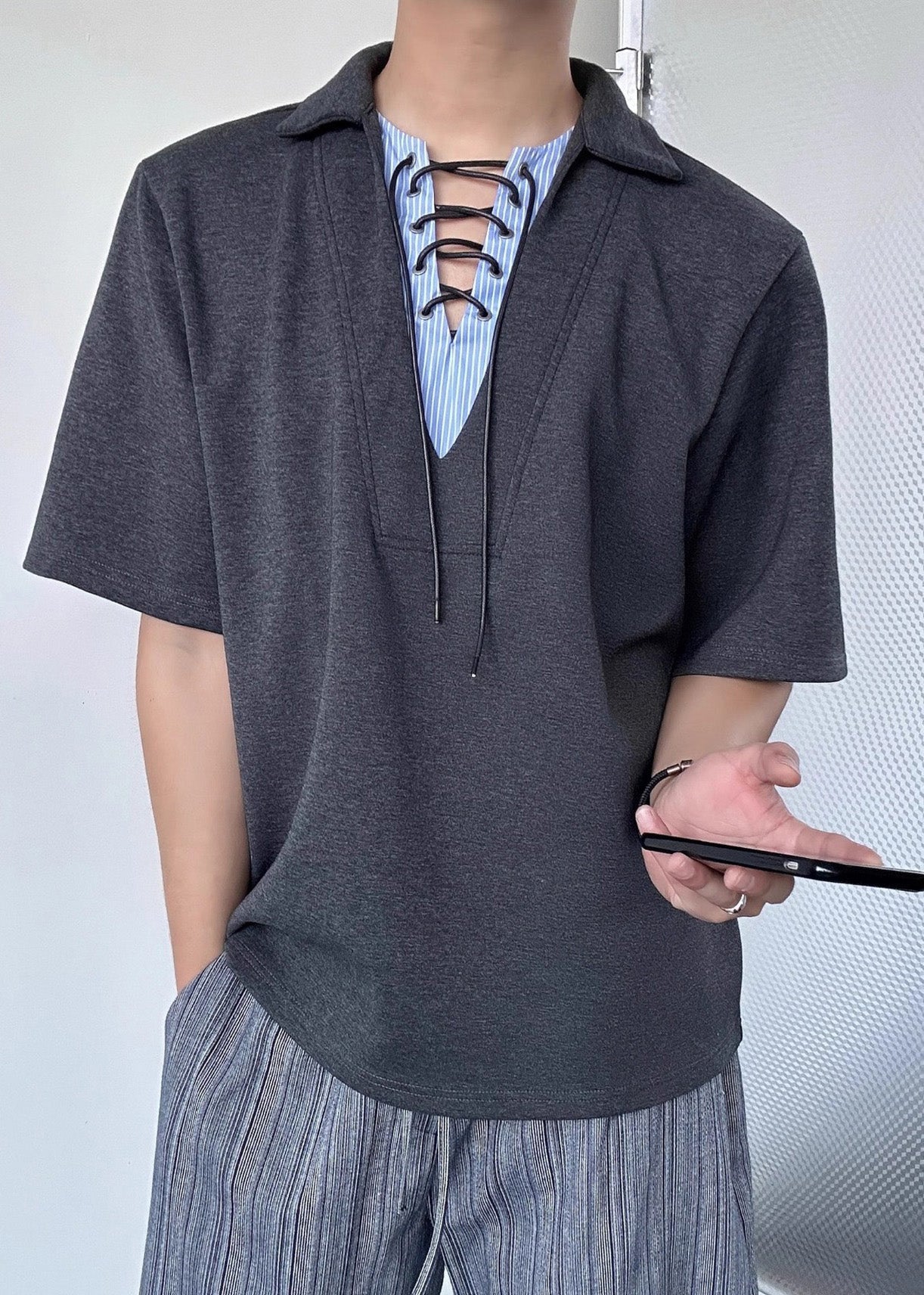 Grey Patchwork Cotton Fake Two Piece Shirt Tops Summer