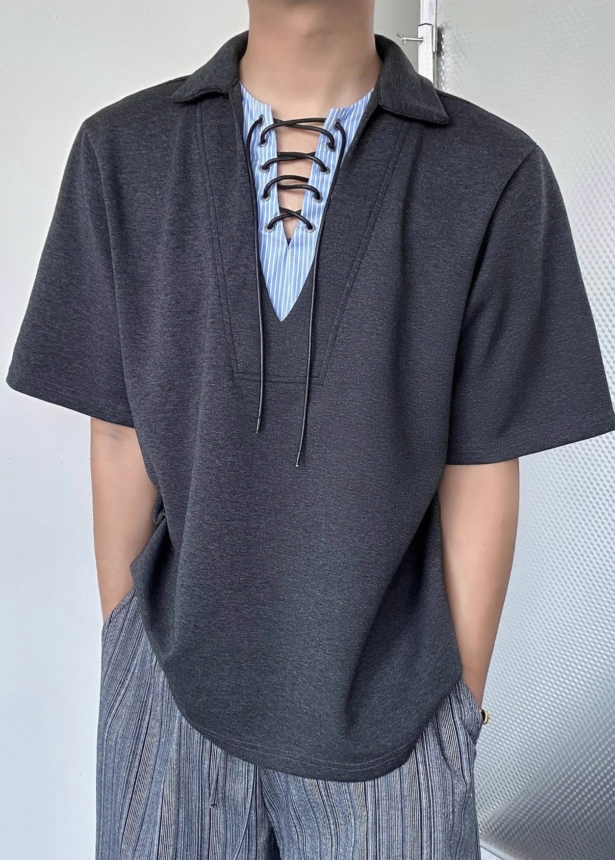 Grey Patchwork Cotton Fake Two Piece Shirt Tops Summer