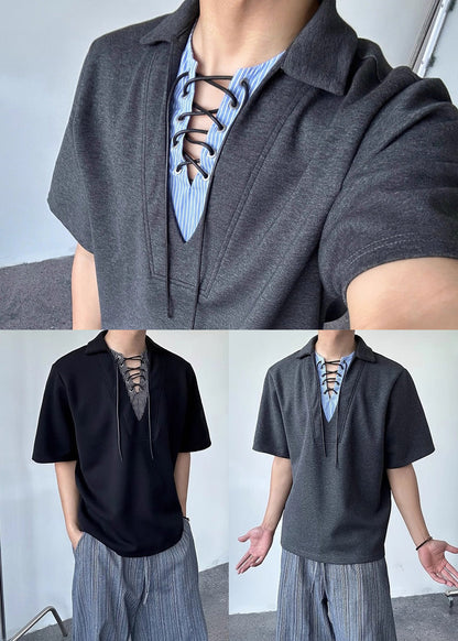 Grey Patchwork Cotton Fake Two Piece Shirt Tops Summer