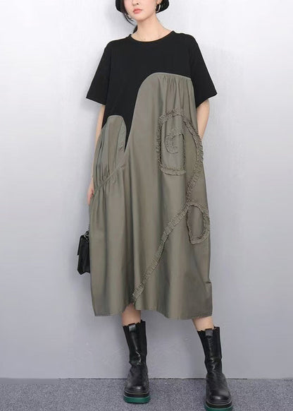 Grey Patchwork Cotton Party Dress Asymmetrical Summer