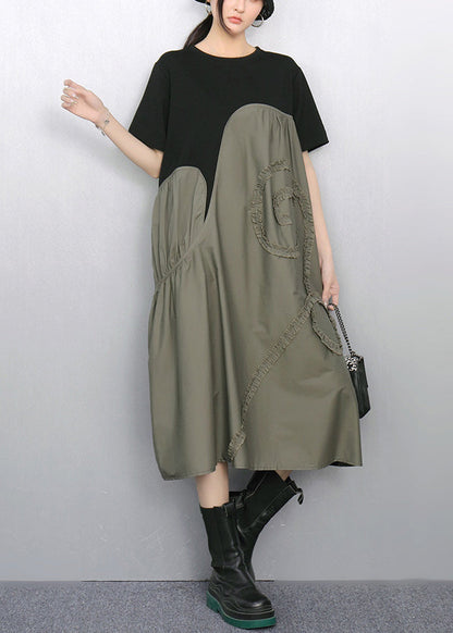 Grey Patchwork Cotton Party Dress Asymmetrical Summer