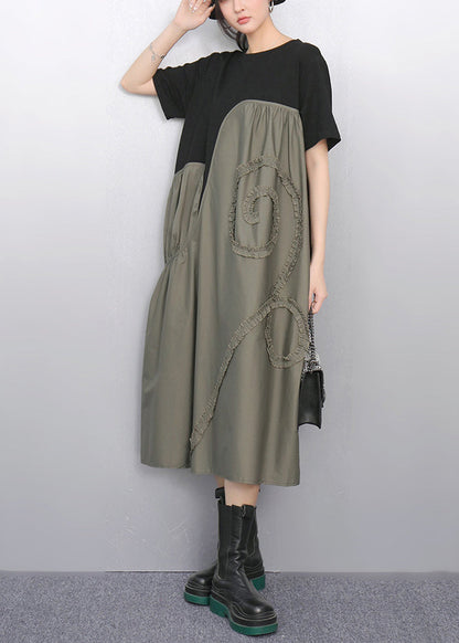 Grey Patchwork Cotton Party Dress Asymmetrical Summer
