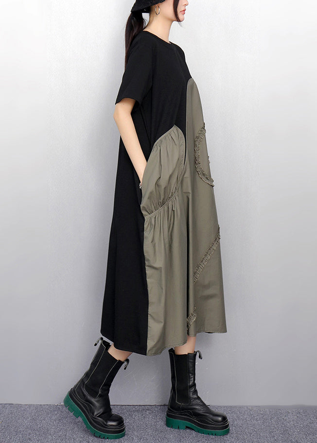 Grey Patchwork Cotton Party Dress Asymmetrical Summer