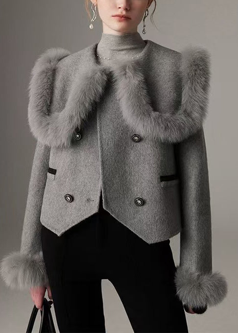 Grauer Patchwork-Wollmantel mit Peter-Pan-Kragen, zweireihig, Winter