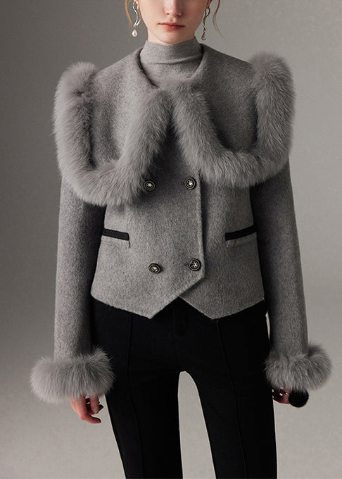 Grauer Patchwork-Wollmantel mit Peter-Pan-Kragen, zweireihig, Winter