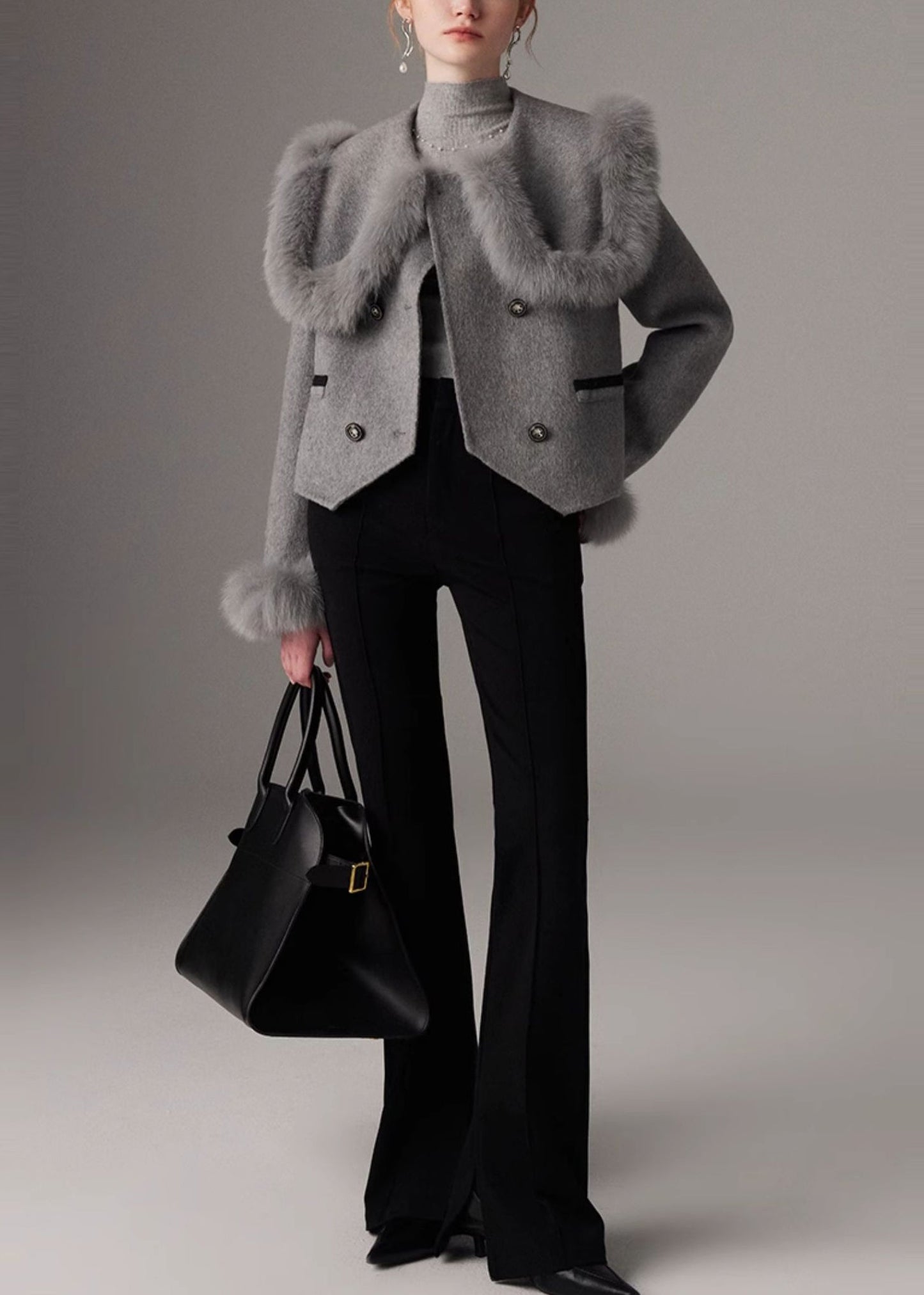 Grauer Patchwork-Wollmantel mit Peter-Pan-Kragen, zweireihig, Winter