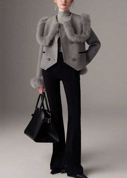 Grauer Patchwork-Wollmantel mit Peter-Pan-Kragen, zweireihig, Winter