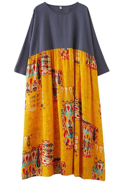 Grey Patchwork Yellow Print O-Neck Pockets Summer Party Dresses - SooLinen