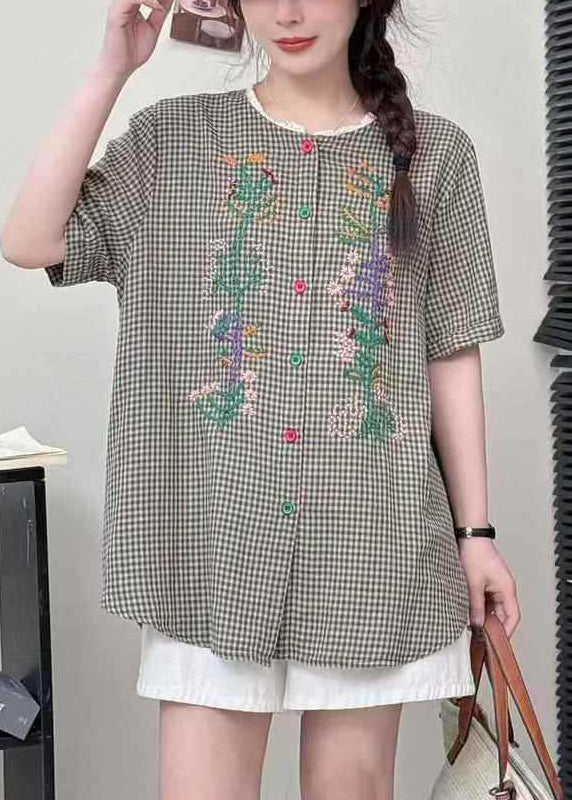 Grey Plaid Linen Blouses Embroidered Summer