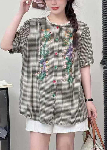 Grey Plaid Linen Blouses Embroidered Summer