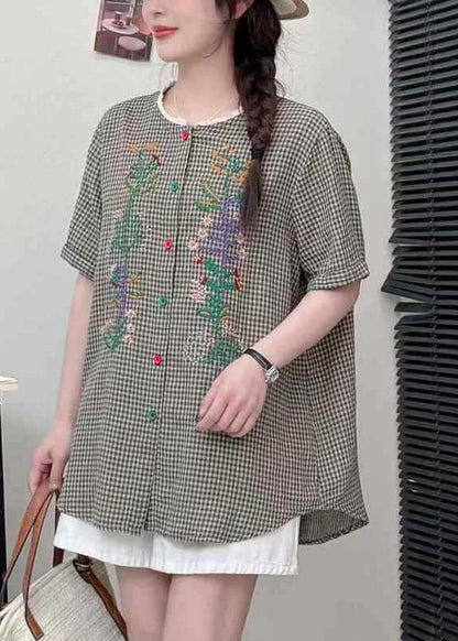 Grey Plaid Linen Blouses Embroidered Summer