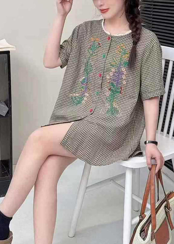 Grey Plaid Linen Blouses Embroidered Summer