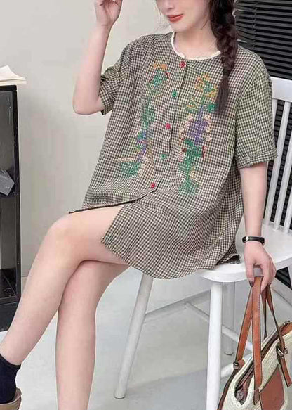 Grey Plaid Linen Blouses Embroidered Summer