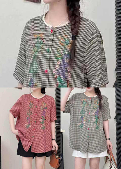 Grey Plaid Linen Blouses Embroidered Summer