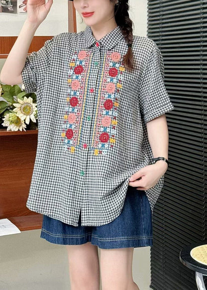 Grey Plaid Linen Shirt Tops Embroidered Summer