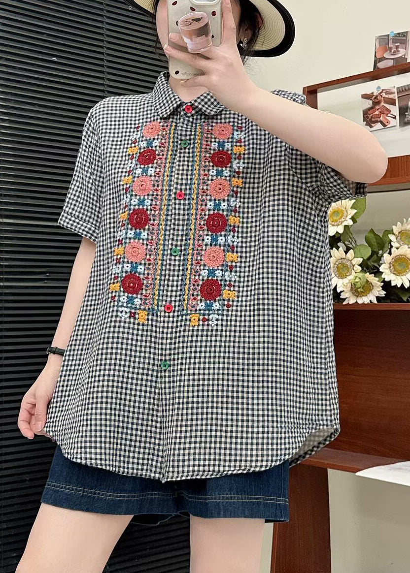 Grey Plaid Linen Shirt Tops Embroidered Summer