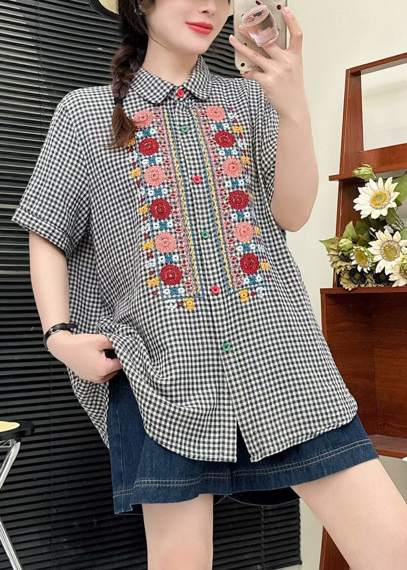 Grey Plaid Linen Shirt Tops Embroidered Summer