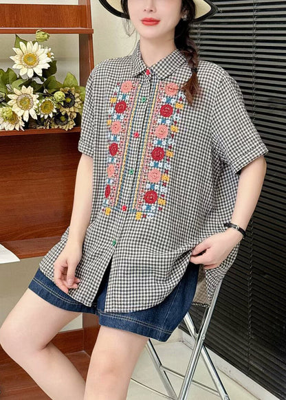 Grey Plaid Linen Shirt Tops Embroidered Summer