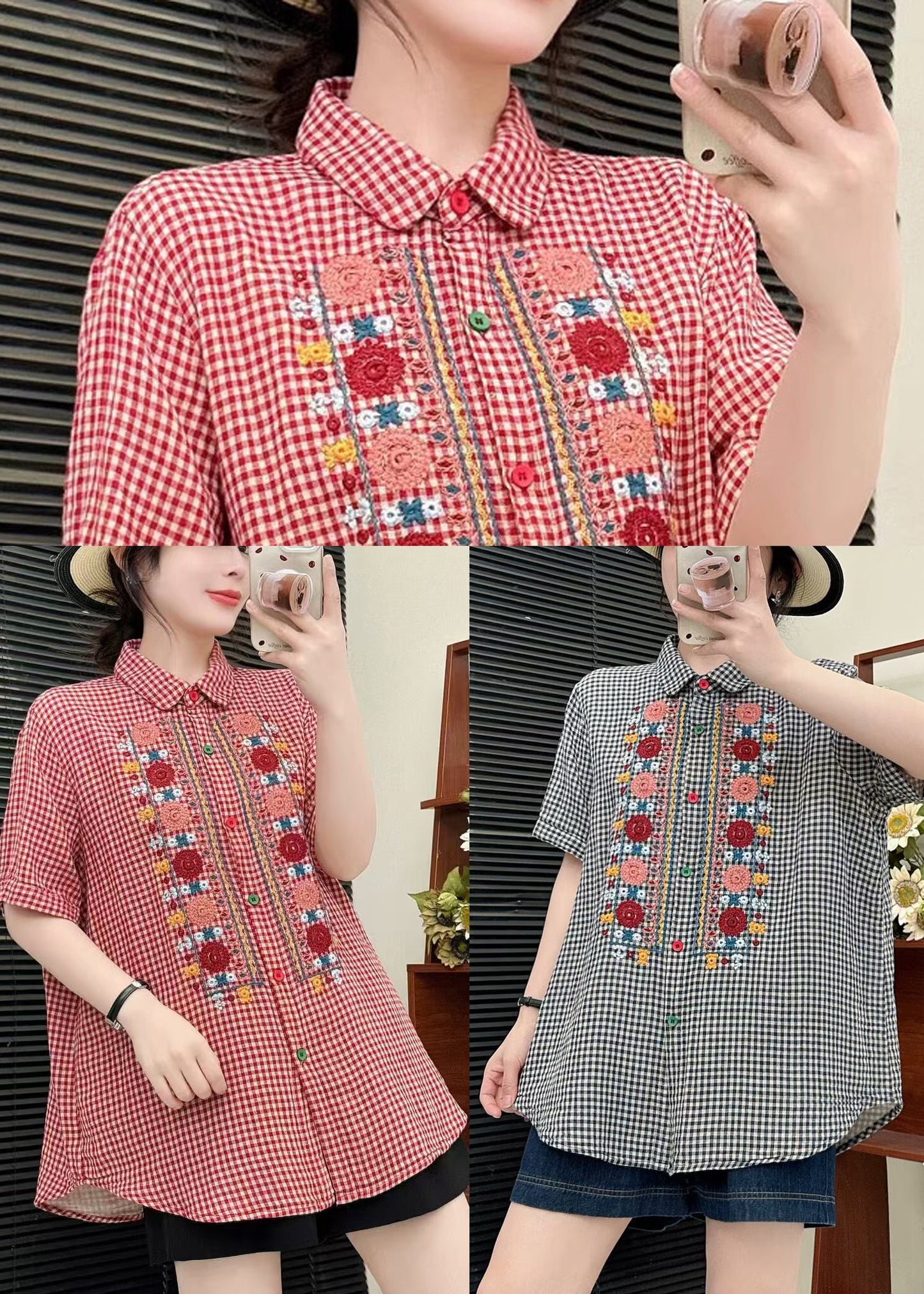 Grey Plaid Linen Shirt Tops Embroidered Summer