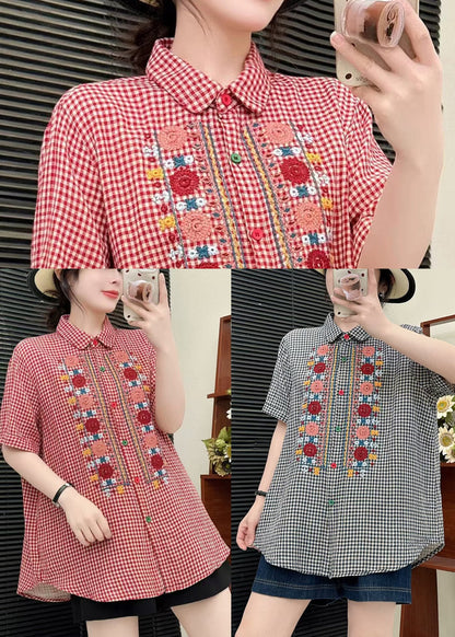 Grey Plaid Linen Shirt Tops Embroidered Summer