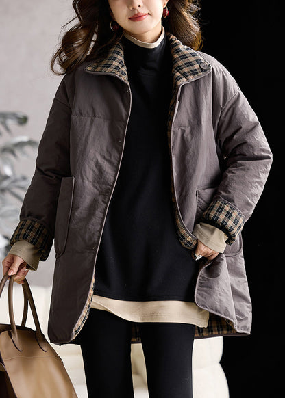 Grey Pockets Fine Cotton Filled Puffers Coat Stand Collar Winter