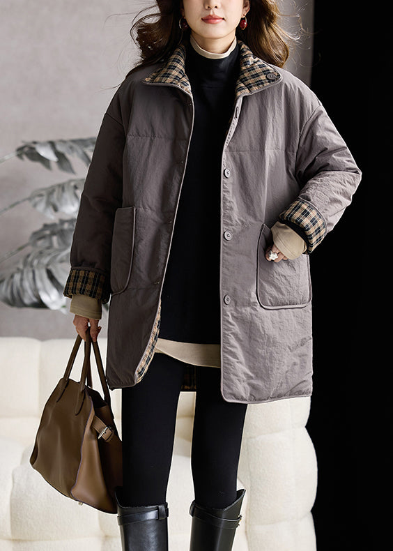 Grey Pockets Fine Cotton Filled Puffers Coat Stand Collar Winter