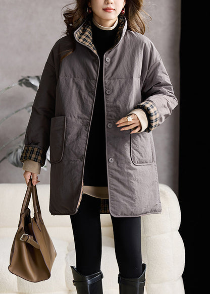 Grey Pockets Fine Cotton Filled Puffers Coat Stand Collar Winter