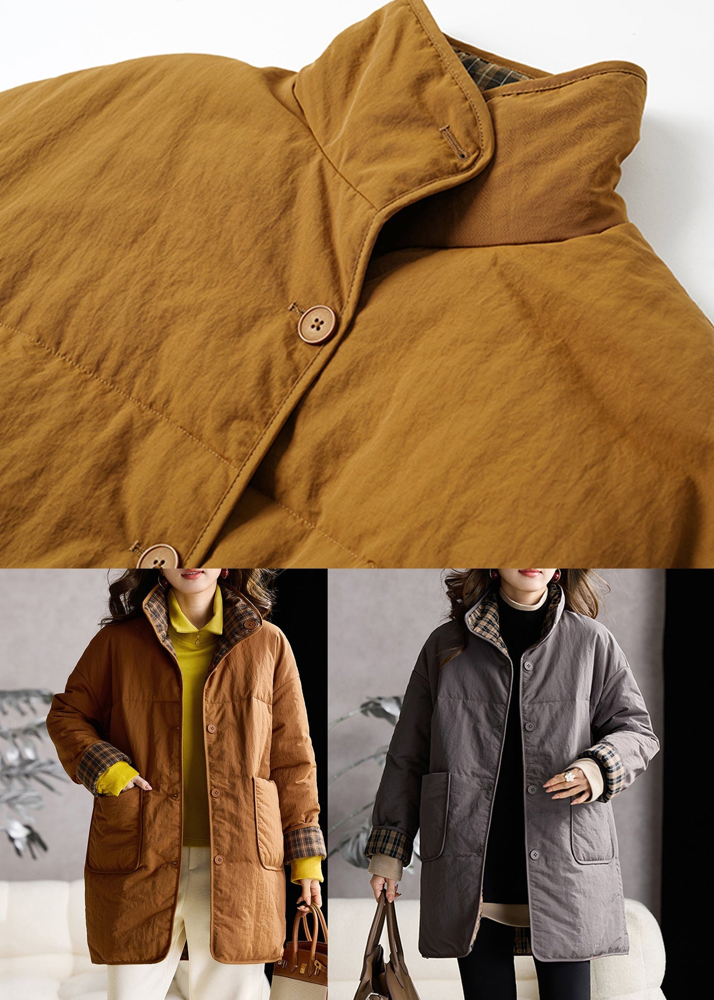 Grey Pockets Fine Cotton Filled Puffers Coat Stand Collar Winter