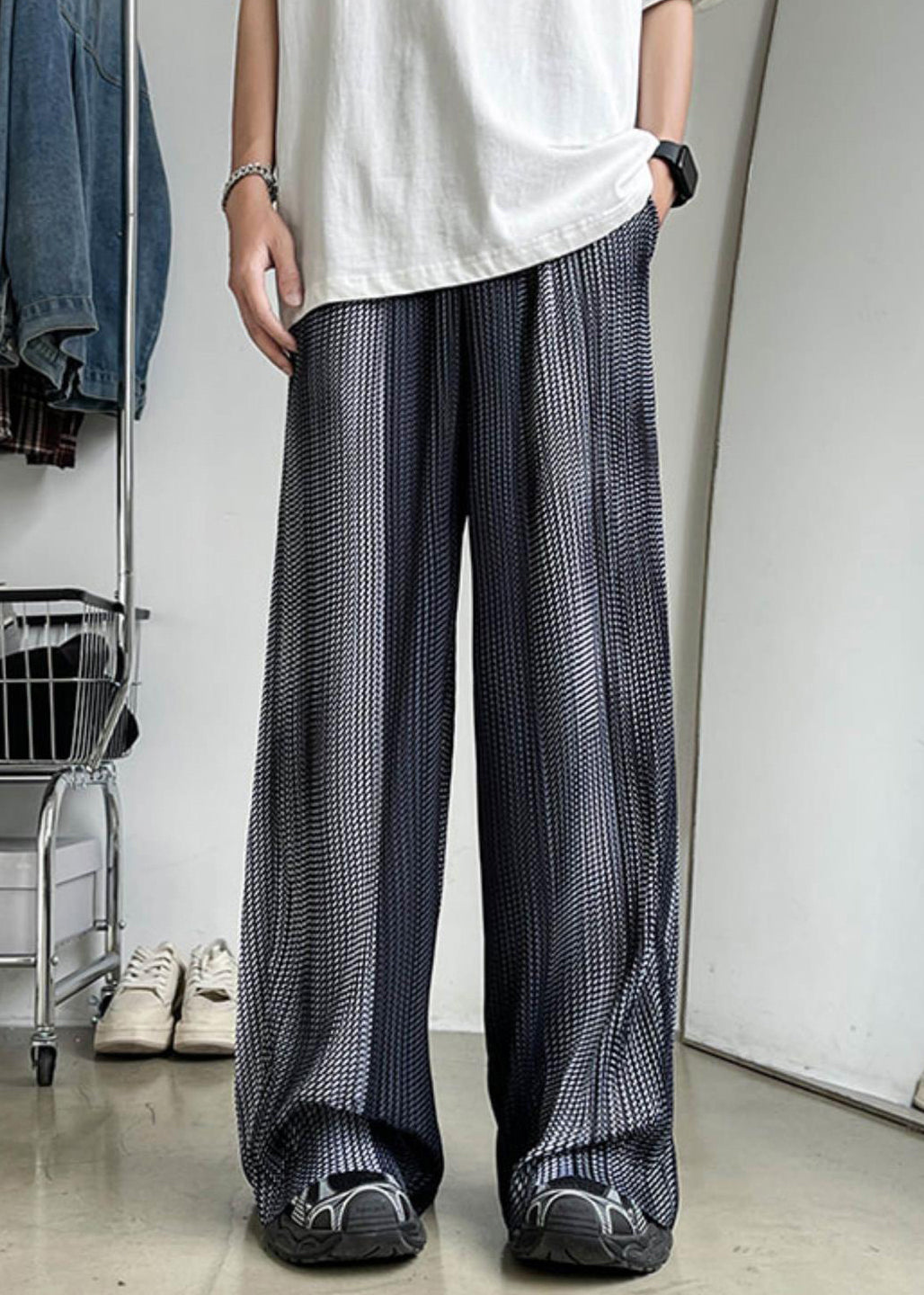 Grey Pockets Patchwork Ice Silk Summer Men Pants Elastic Waist