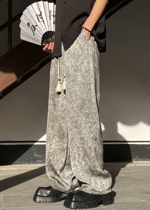 Grey Pockets Silk Mens Wide Leg Pants Elastic Waist