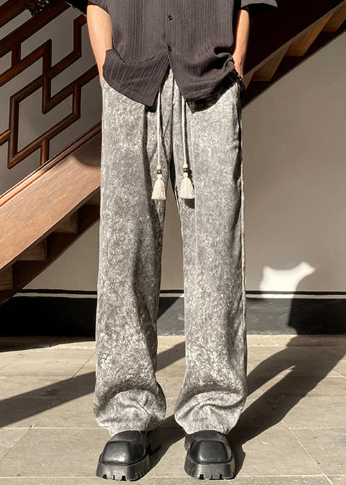 Grey Pockets Silk Mens Wide Leg Pants Elastic Waist