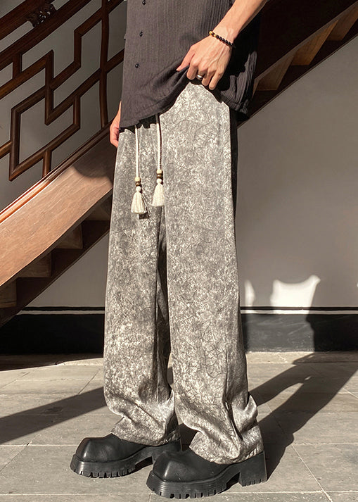 Grey Pockets Silk Mens Wide Leg Pants Elastic Waist
