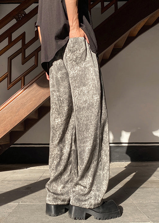 Grey Pockets Silk Mens Wide Leg Pants Elastic Waist