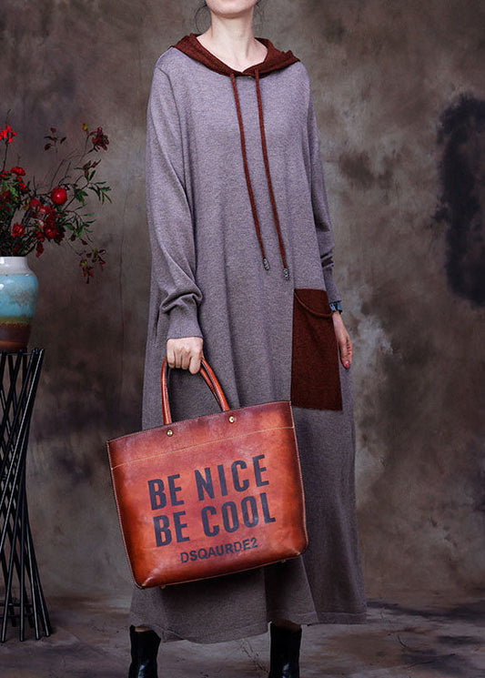Graue Taschen Woll Sweatshirts Kleid mit Kapuze Winter