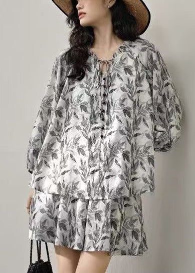 Grey Print Cotton Women Sets 2 Pieces Lace Up Summer