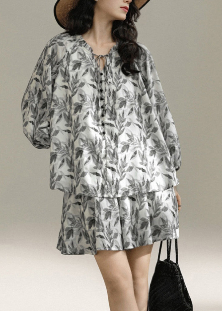 Grey Print Cotton Women Sets 2 Pieces Lace Up Summer