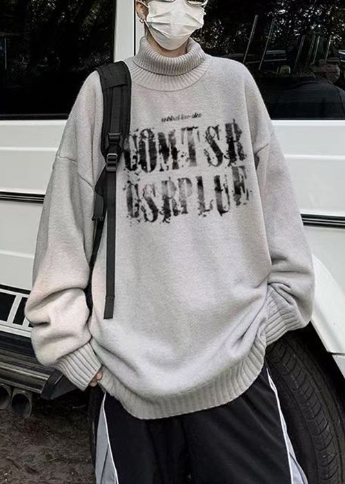 Grey Print Cozy Knit Men Sweaters Turtleneck