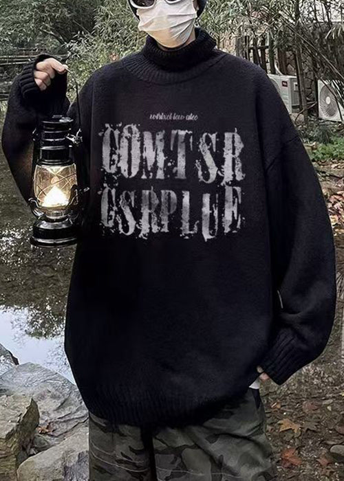 Grey Print Cozy Knit Men Sweaters Turtleneck