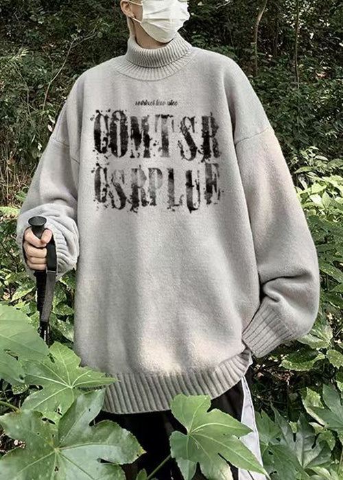 Grey Print Cozy Knit Men Sweaters Turtleneck